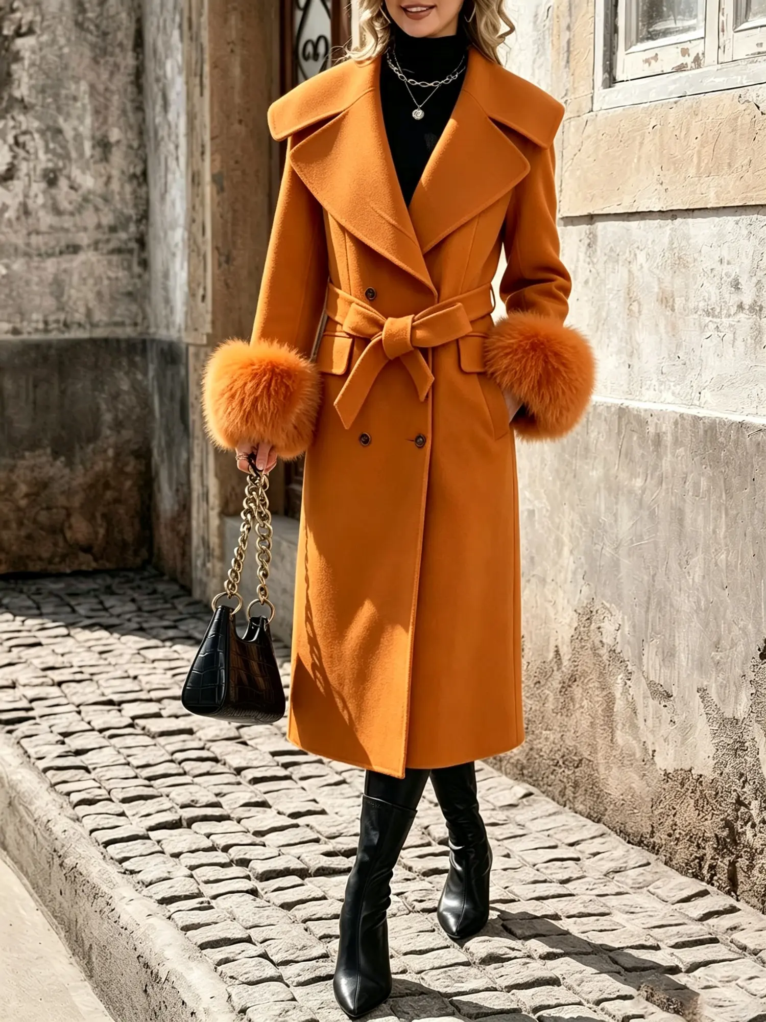 Women Belted Long Wool Coat Detachable Fur