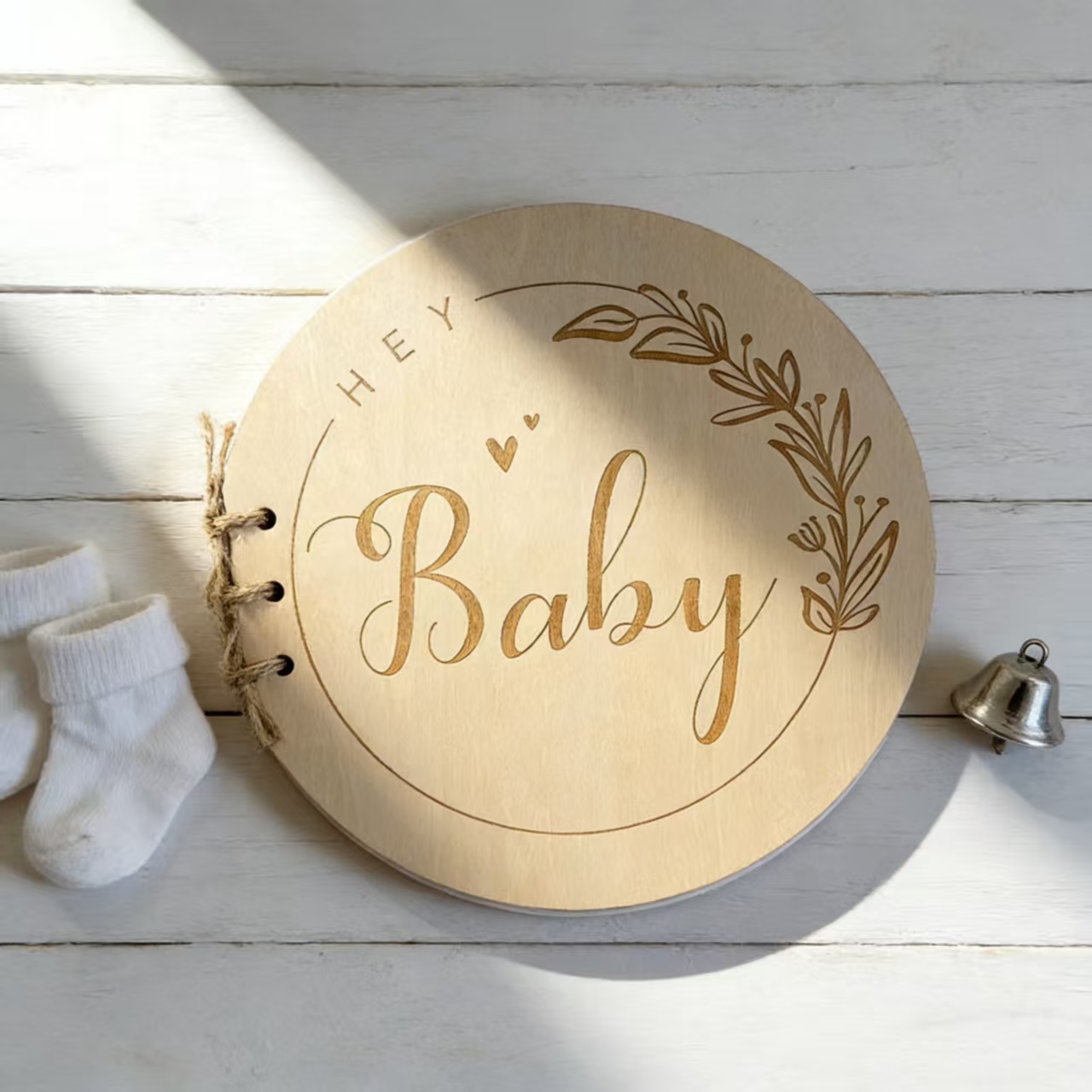 Gender Neutral Infant Keepsake Album, Laser Carved Round Wooden Baby Memory Book For New Parents Gift