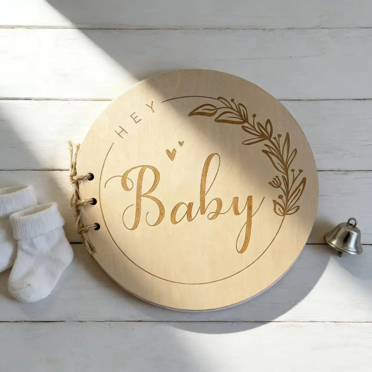 Gender Neutral Infant Keepsake Album, Laser Carved Round Wooden Baby Memory Book For New Parents Gift