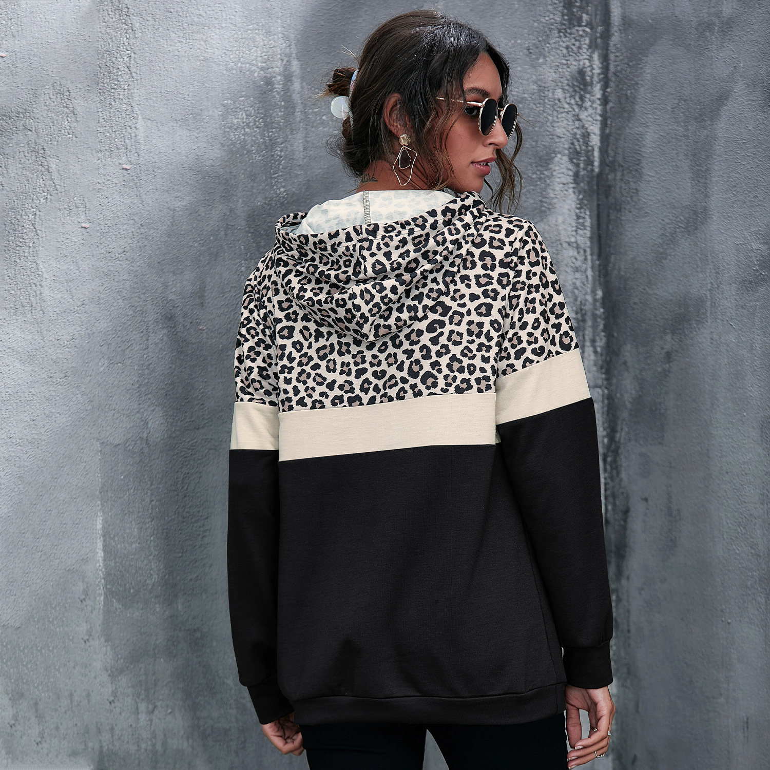 Long Sleeve Sweatshirt Leopard Print Panel Hooded Top
