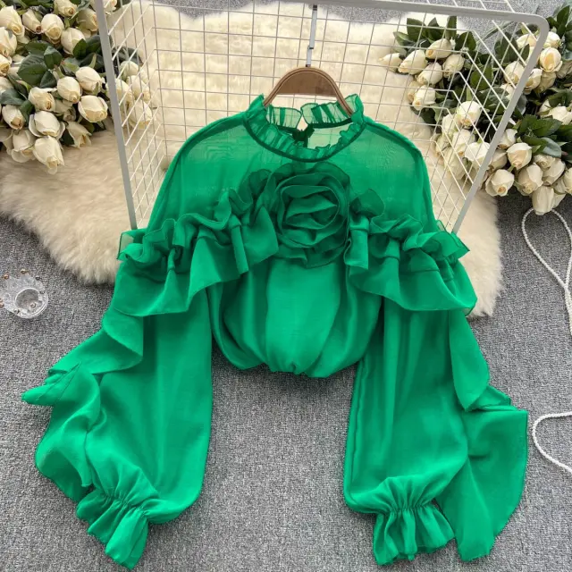 Irregular Ruffled Mesh Blouse Women's Pullover Pleated Slim Top Green - Shop at LoveMi