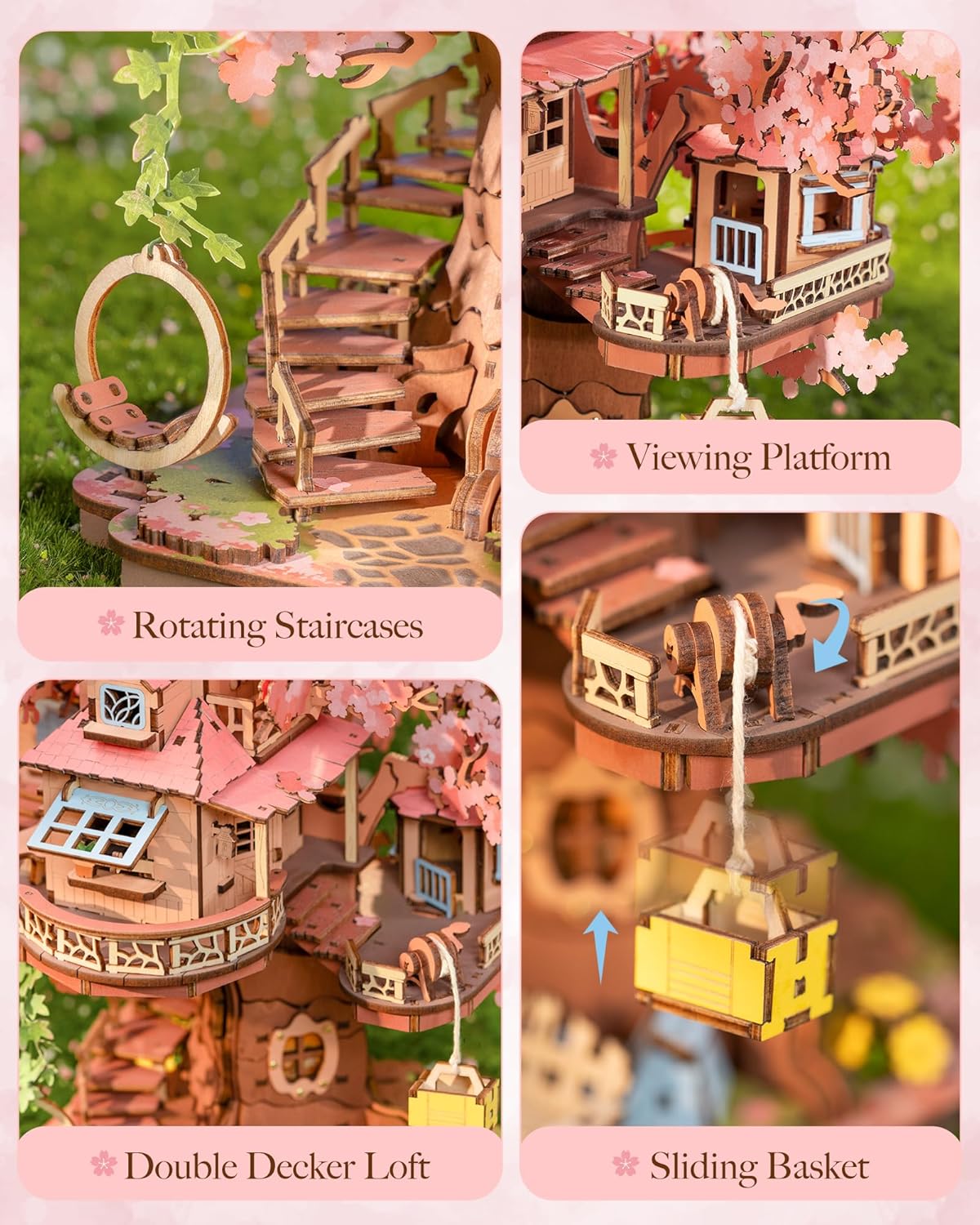 Rolife DIY Miniature Sakura House Set - Sakura Tree House, 3D Wooden Japanese Sakura Building Kit With Swing And Spiral Staircase, 535 Pieces, Bonsai Craft Home Decor Gift For Adults And Teens