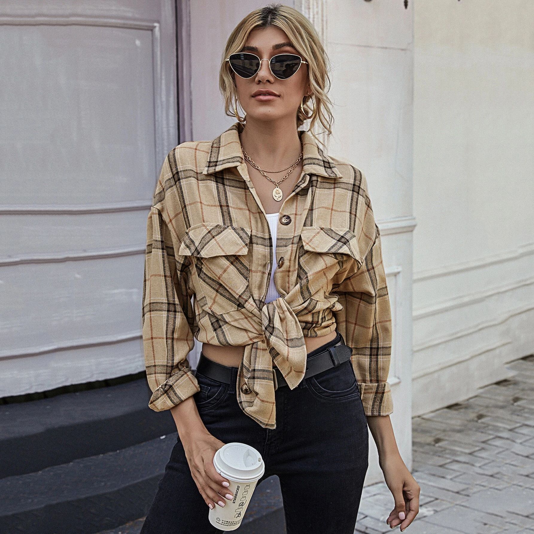 Autumn And Winter Street Hipster Design Loose Single-breasted Lapel Long-sleeved Plaid Shirt Jacket