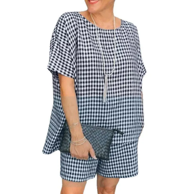 Casual Check Crew Neck Short Sleeve Shorts - Navy Blue