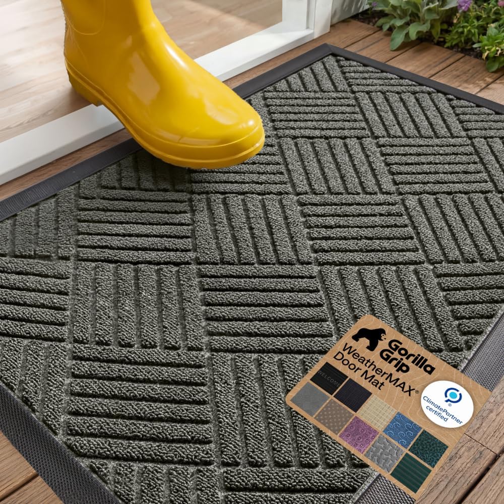 Natural Rubber Door Mat 17x29 Inch, Waterproof Low Profile Heavy Duty Welcome Doormat For Indoor Outdoor Entry, Gray Diamond