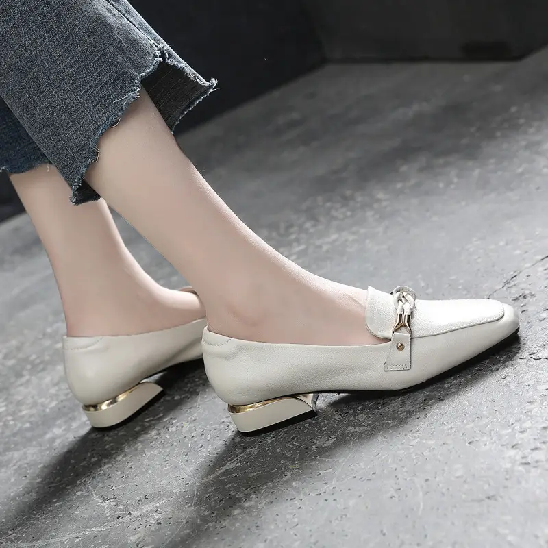 Top Layer Cowhide Leather Shoes Spring Mid-heel Ladies Shoes