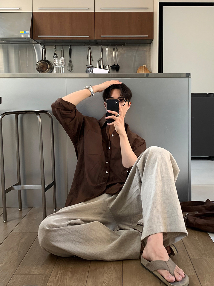 Men's Solid Color Cotton And Linen Long-sleeved Shirt