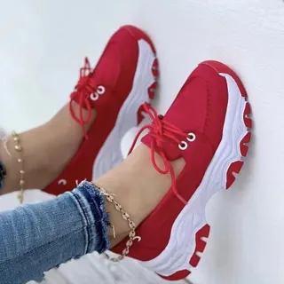 Lace-up Sneakers For Women Running Walking Sports Chunky Shoes - Red
