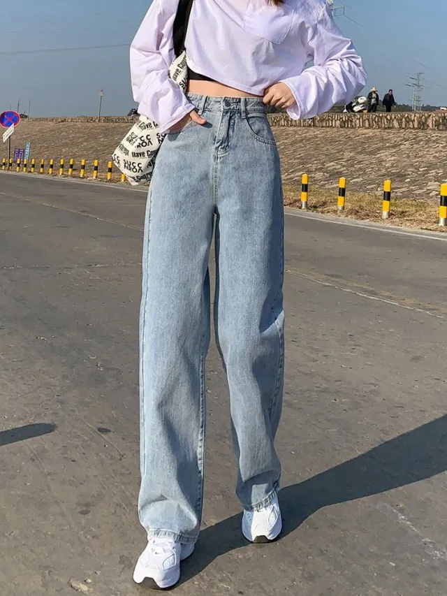 Wide Leg Jeans For Women Bottom Baggy Denim Pants Trousers Sky Blue - Shop at LoveMi