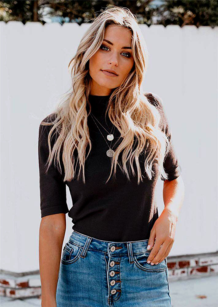 Ladies New Product Stand Collar Sleeve T-Shirt Pure Color Casual Top