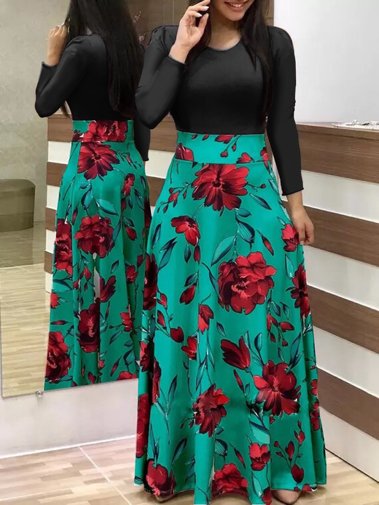 European And American Style Flower Print Colorblock Dress Women's