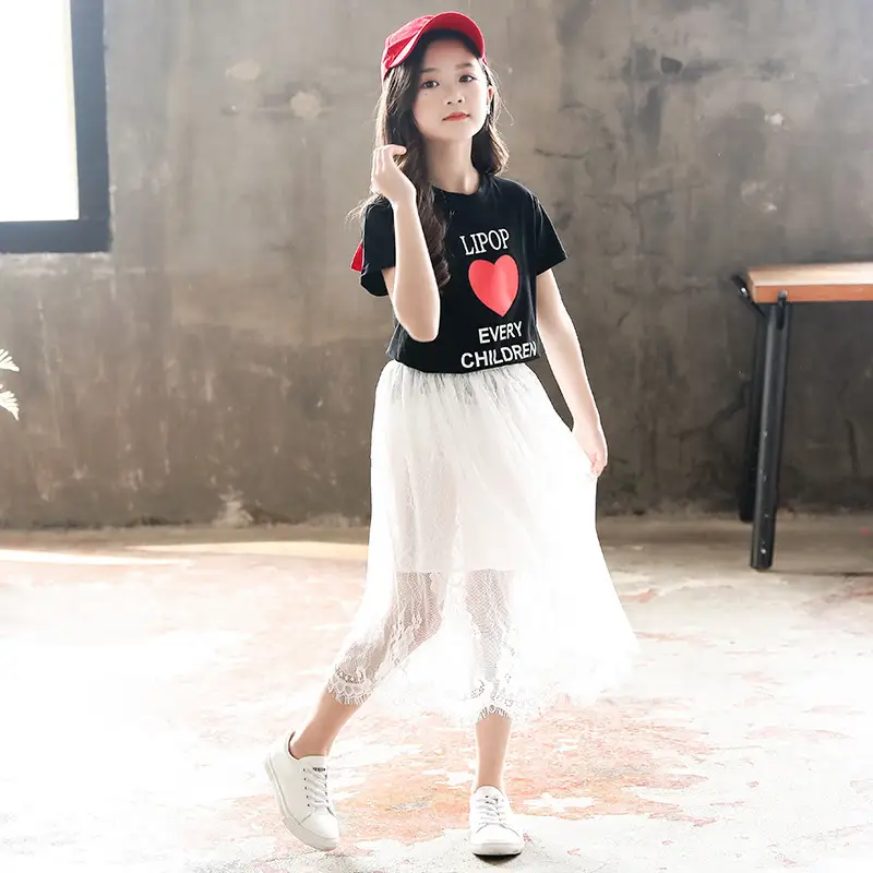 Middle And Large Girls Sports Love Yarn Skirt Suit