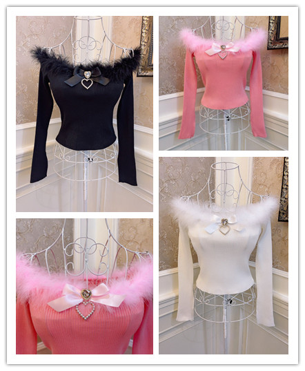 Sweetheart Princess Bowknot Love Heart Flashing Rhinestone Plush Knit Cropped Top