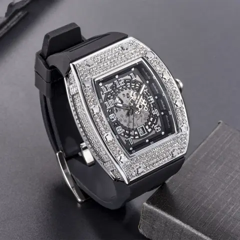 Full Diamond Tonneau Silicone Band Quartz Men's Watch
