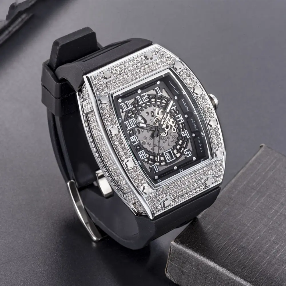 Full Diamond Tonneau Silicone Band Quartz Men's Watch