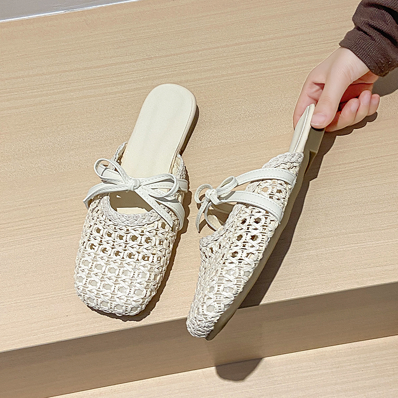 2026 Hot French Woven Hollow Out Mules For Women, Slip-on Flat Elegant Closed Toe Slides For Outdoor Summer Wear
