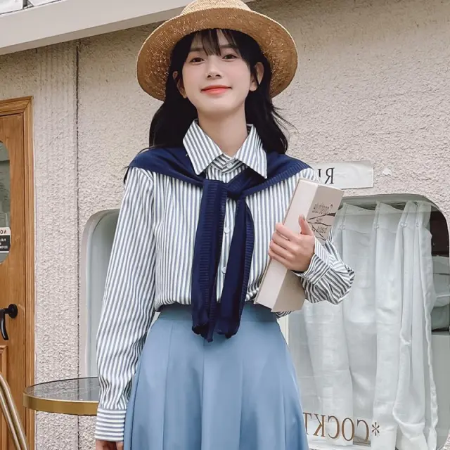 Pleated Mid Length Slim A Line Skirt Covering Hip Blue Shirt - Shop at LoveMi