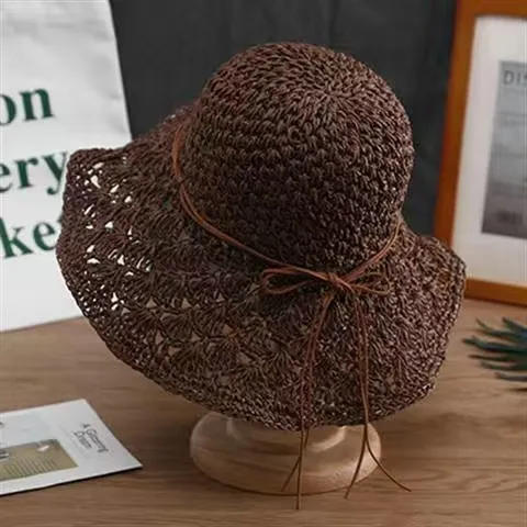 Fashionable Handmade Crochet Straw Hat Coffee - Shop at LoveMi
