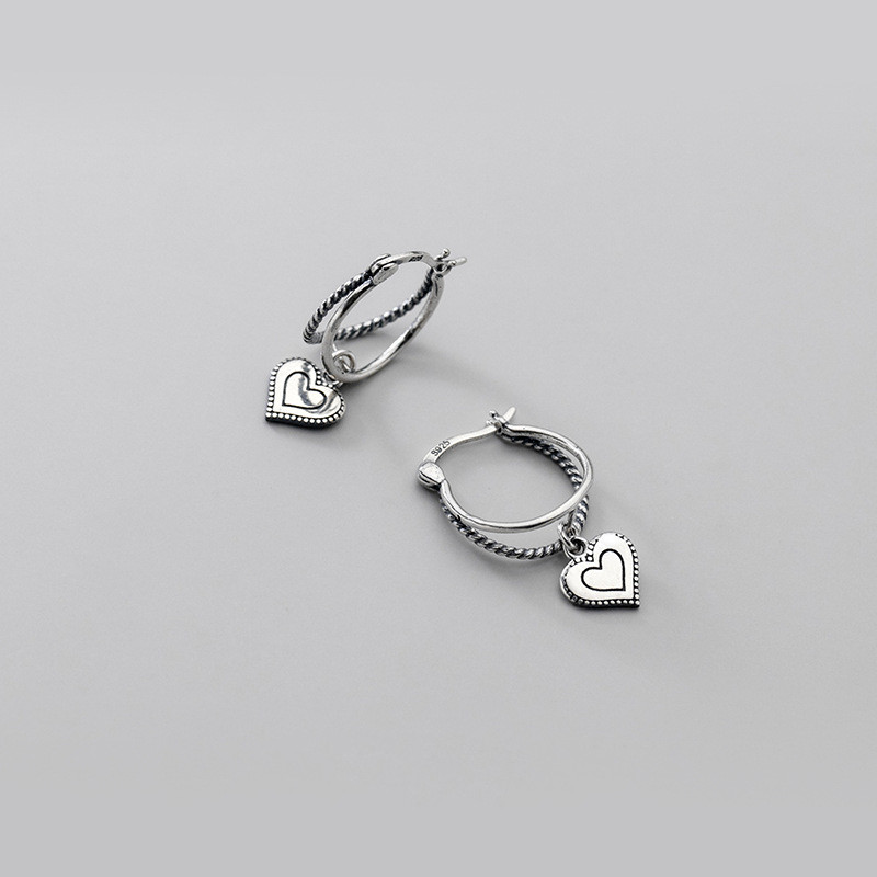 Thai Silver Double Woven Love Heart Hollow Earrings