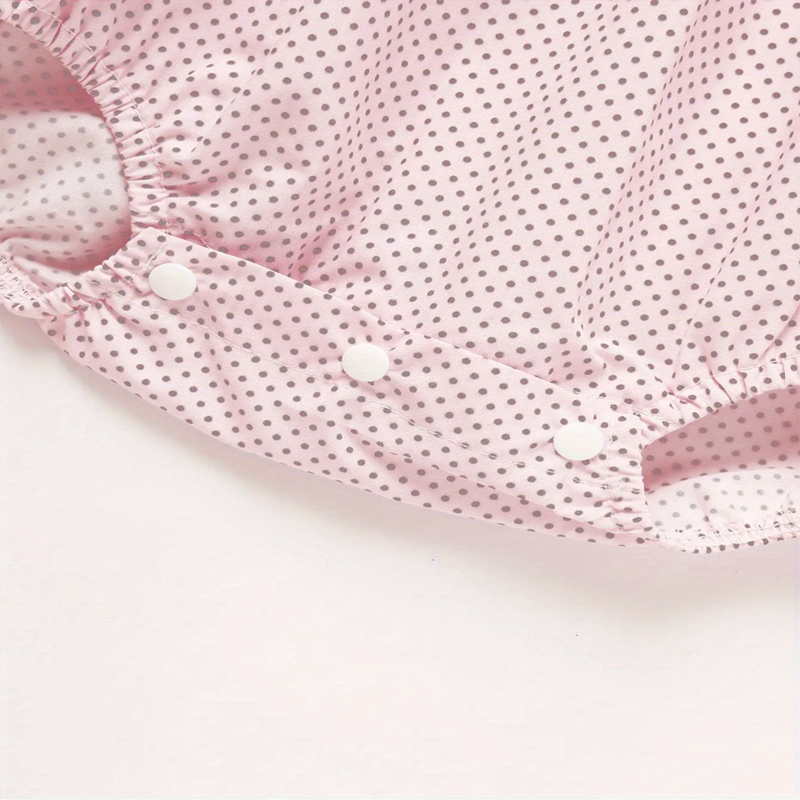 Baby Girl's Short Sleeve Pink Romper, Polka Dot Pattern With Heart Embroidery And Ruffle Detail