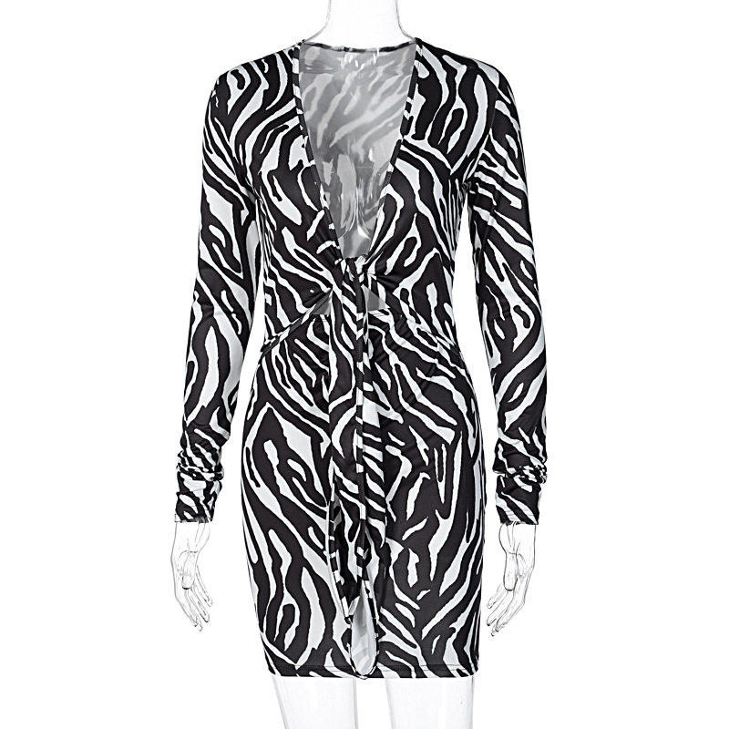 Deep V Long-sleeved Dress With Thorn Pattern Knot