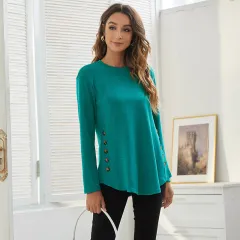 Round Neck Women's Casual Simple Button Long-sleeved T-shirt - Green - View 1