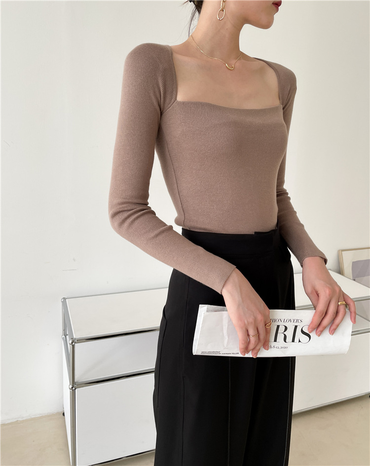 Title 2, French Square Collar Exposed Collarbone Slim Sl...