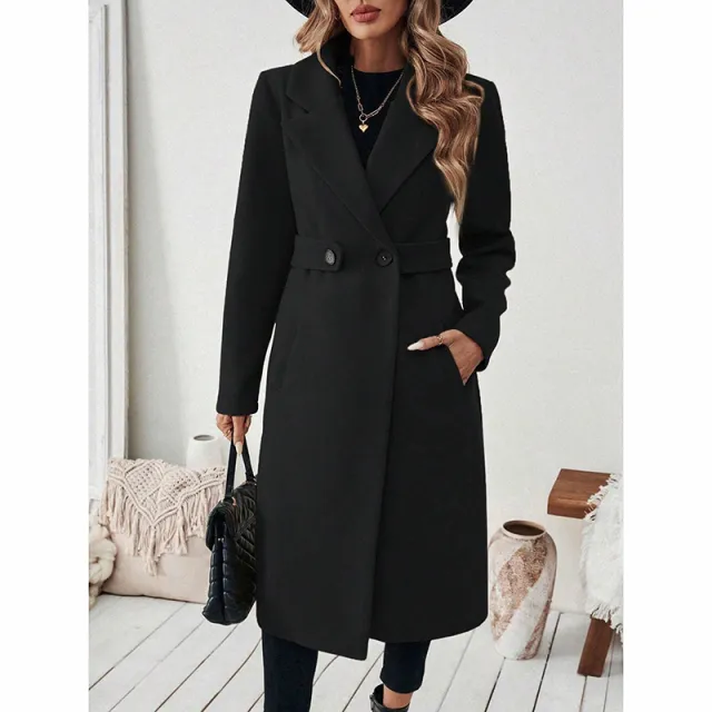 Women's Notch Lapel Trench Coat, Single Breasted Mid Long Casual Formal Outerwear For Fall Winter Black - Shop at LoveMi