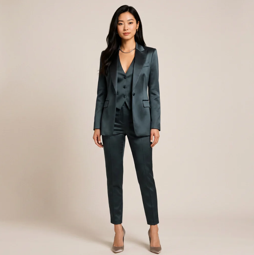 Classic Solid-color Satin Three-piece Set-vest&blazer& Straight-leg Trousers 2
