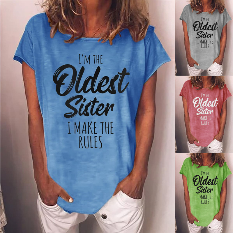 Wish Letter Flower Print Short Sleeve Round Neck T-shirt Women's Comfortable Fashion Tops