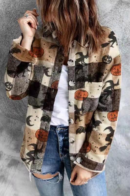 Halloween Check Print Long Sleeve Pocket Blouse