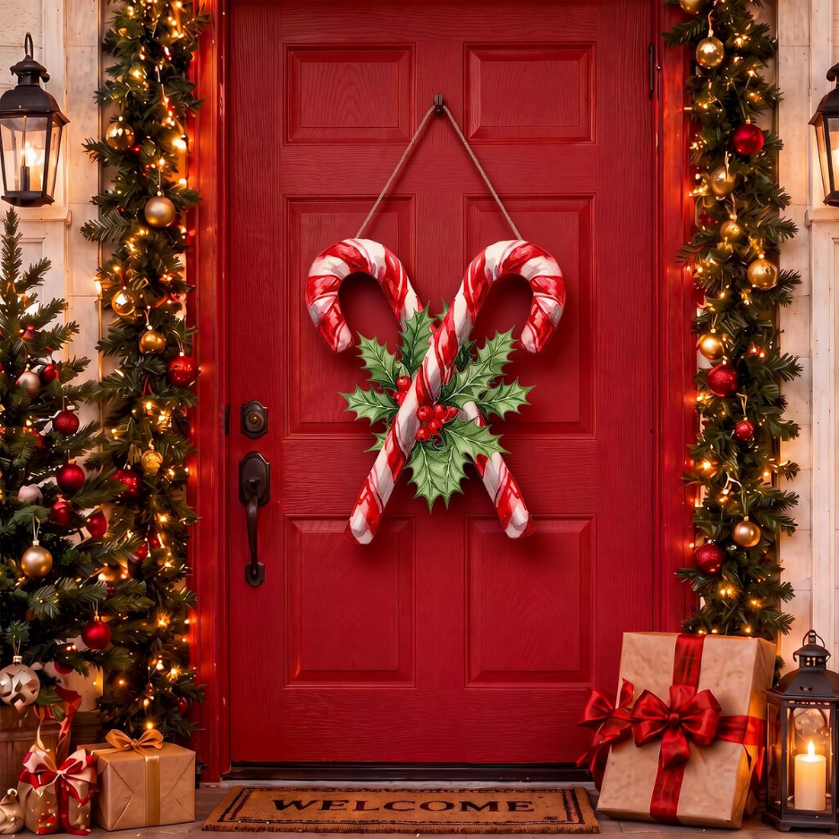 15-Inch Christmas Candy Cane Front Door Decor, Watercolor Style