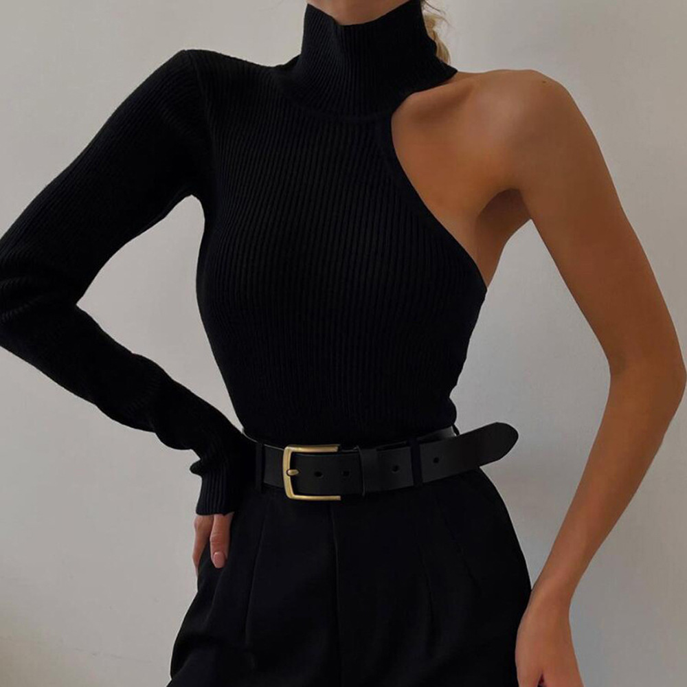 Women's Fashion One Shoulder Long Sleeve Round Neck Slim Solid Color Bodysuit