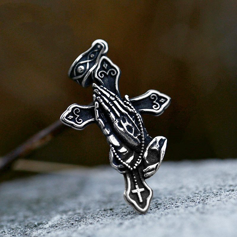 New Praying Hands Stainless Steel Pendant Vintage Cross