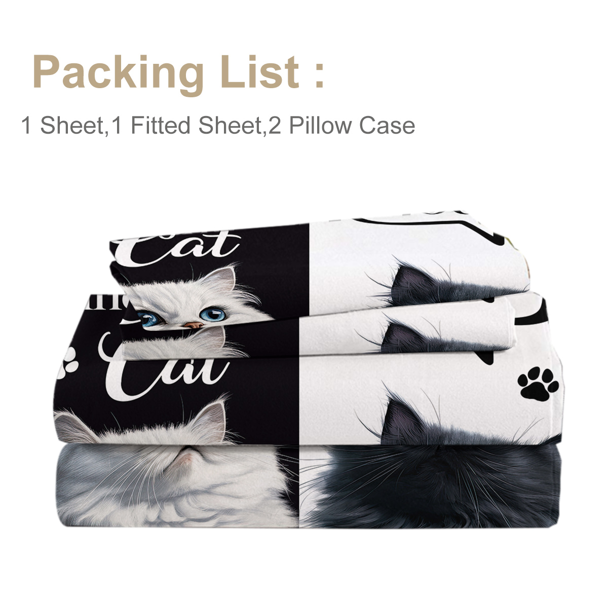 Cat Sheet, Pretty Cat Sheets Set 4Pcs,Black White Flat Sheet,Cute Animal Printed Bed Set With 1 Fitted Sheet 1 Flat Sheet 2 Pillowcases