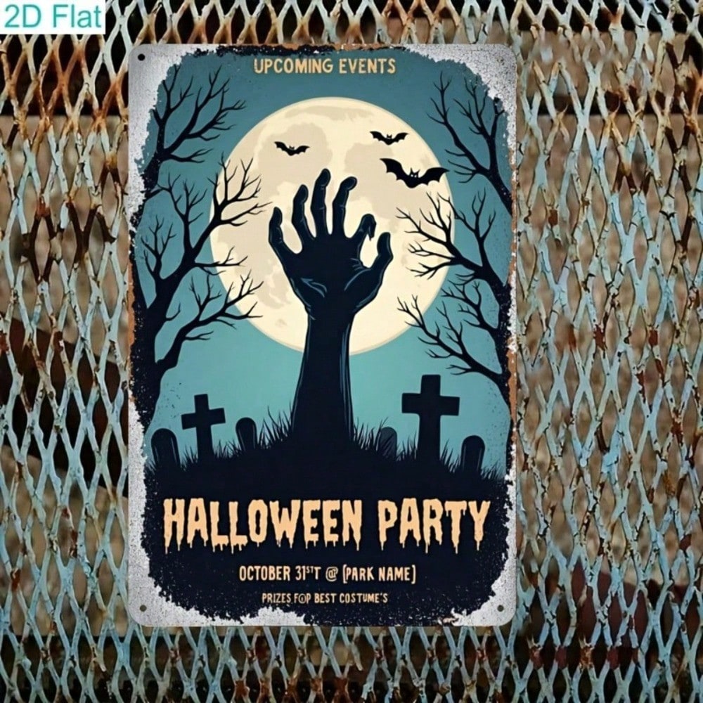 Halloween Metal Wall Art Sign 2D Flat, Spooky Zombie Tombstone Decor 8x12
