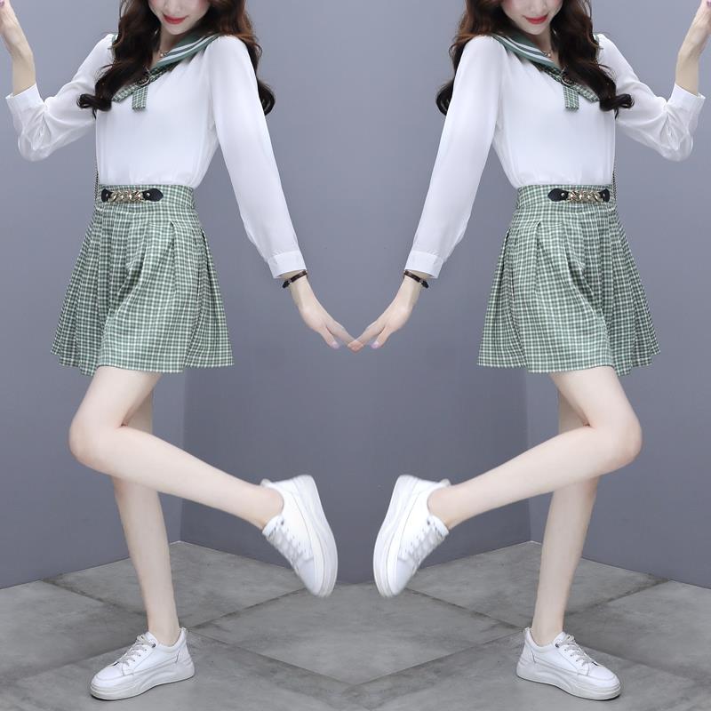 Spring Preppy Bow Shirt Plaid Skirt Two-piece Set