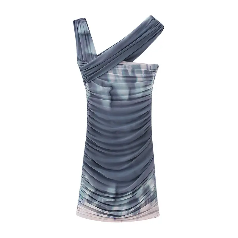 Women's Fashionable Simple Printed Silk Net Pleated Asymmetric Dress