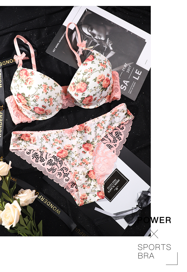 Title 5, Lace Trim Floral Print Bra Set