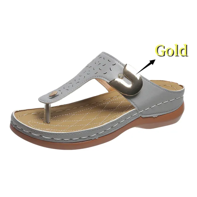 Women's New Round Head Hollow Metal Buckle Wedge Heel Comfortable Toe Sandals Grey - Shop at LoveMi