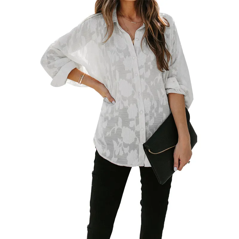 Thin Lapel Shirt Women's Long Sleeve Top - White
