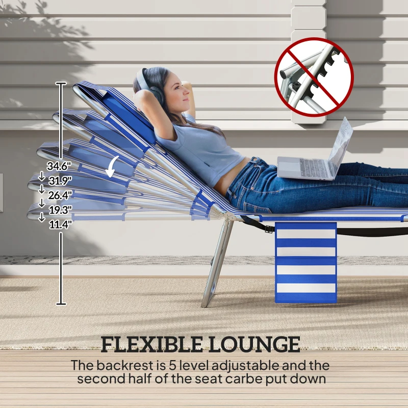Anning Chair With Face Hole, 5-Level Adjustable Outdoor Chaise Lounge Chair With Pillow For Beach, Pool, Blue Stripes