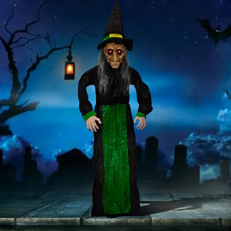 Horror Halloween Witch Hanging Ghost Electric Mouth Opening Sensor Glowing Sound Green Clothes Z109 Haunted House Witch Decoration
