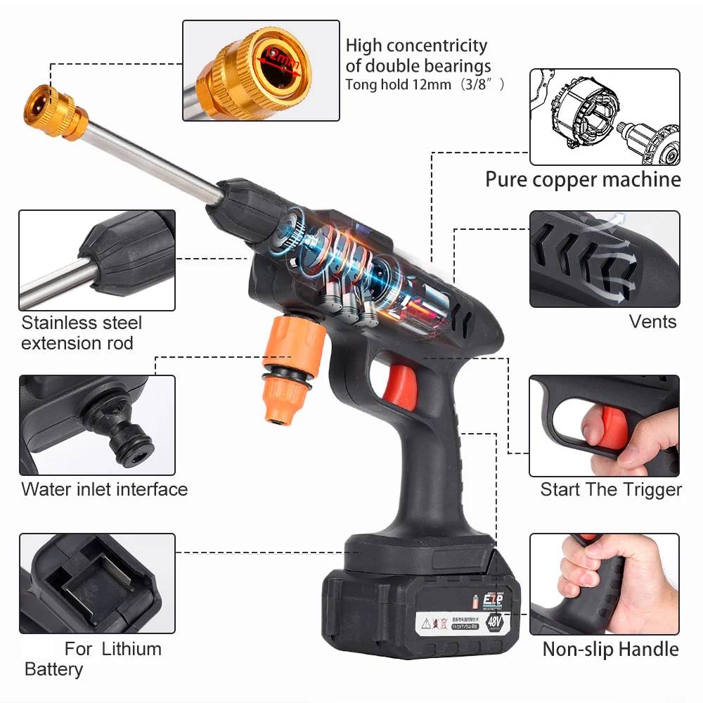 2 Battery Cordless Car High Pressure Washer Jet Water Wash Cleaner Gun Portable 5