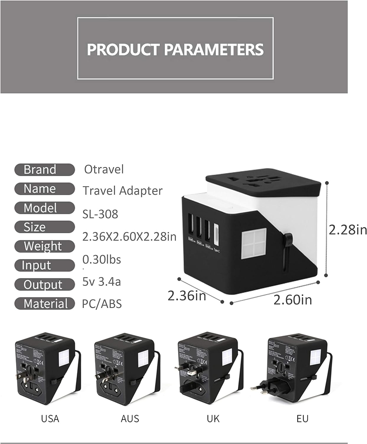 International Power Adapter with 3 USB Ports suitable for worldwide traveling, 5 in 1 Portable Power Adapter design for charging 5 devices simultaneously, Built-in Smart IC Chip for automatic current adjustment, Top Safety Certified for surge protection a