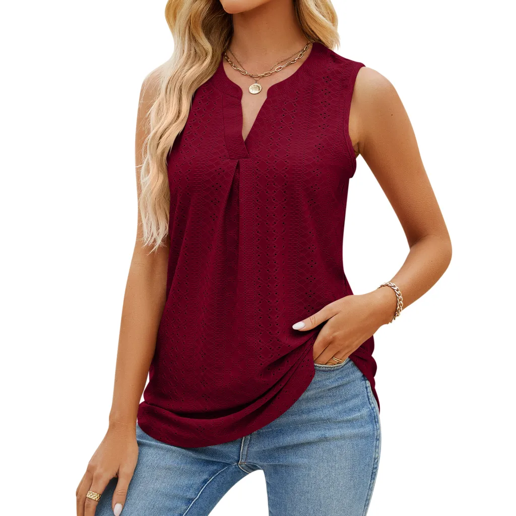 Women's Sleeveless T-shirt Summer Hole V-Neck Slim Fit Tank Tops - Wine