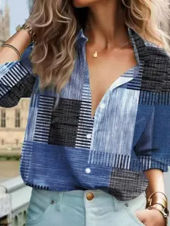 Colour Block Button Print Long Sleeve Casual Retro Shirt - Blue - View 1