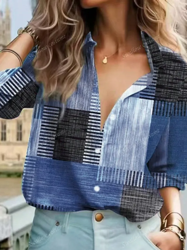 Color Block Button Print Long Sleeve Casual Retro Shirt Blue - Shop at LoveMi