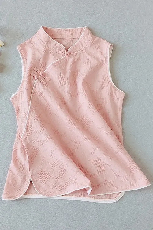Women's Retro Buttoned Cotton And Linen Top Pink - Shop at LoveMi