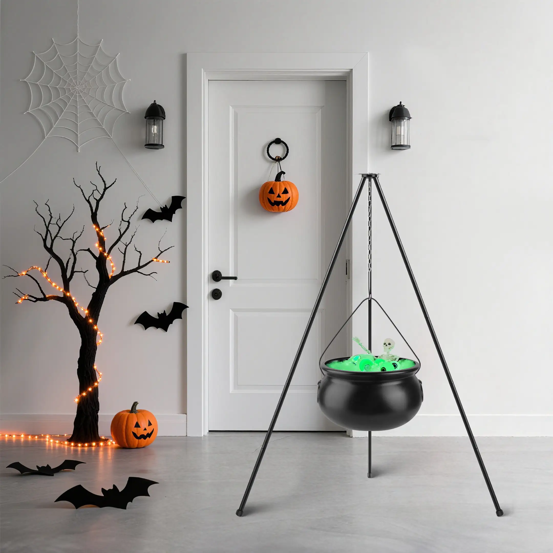 1Set Halloween Large Witch Cauldron With 56.49in Tripod And Eyeball String Light Skeleton Halloween Outdoor Decoration For Porch Yard Patio Garden Living Room